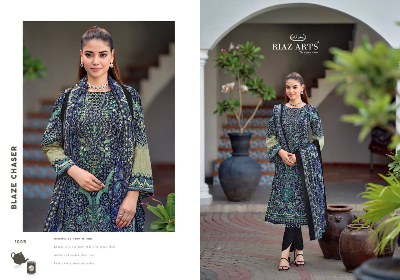 NAYRA VOL 43 BY RIAZ ARTS 1001 To 1008 Series Pakistani Suits Ethnic Wear Pure Cotton Dresses At Wholesale